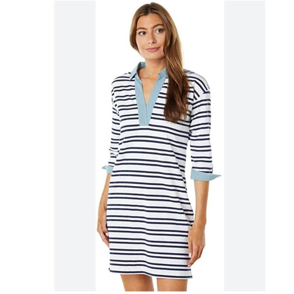 Southern Tide White Navy Striped Long Sleeve Shirt Dress with Light Blue Trim